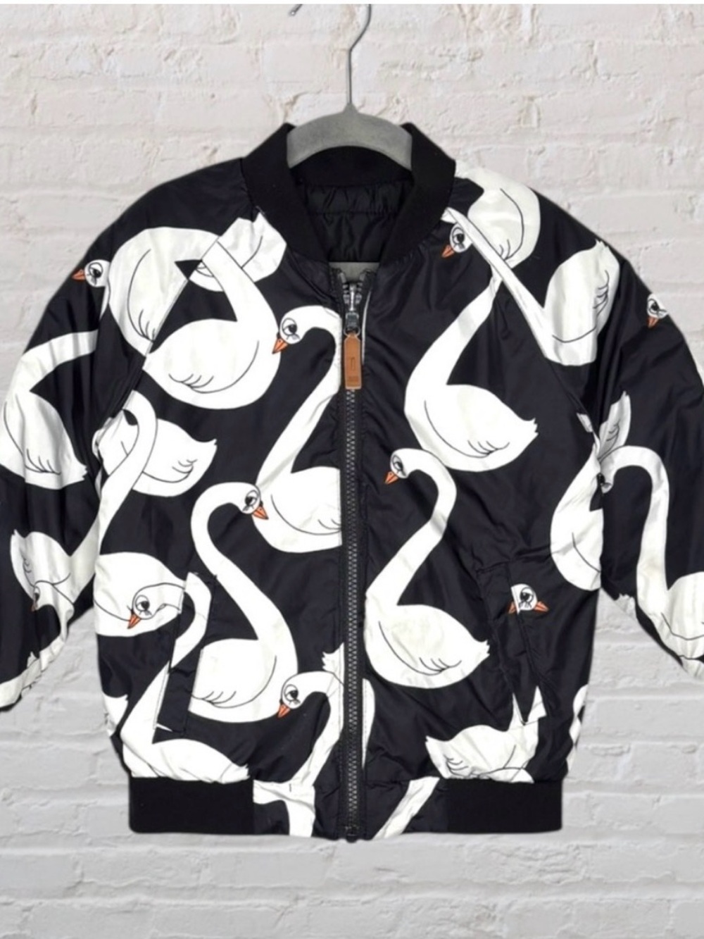 Mini Rodini Reversable Black Bomber Jacket with White Swan Print